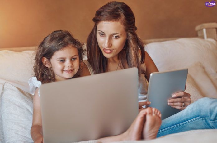 child using tablet with parental supervision screen time