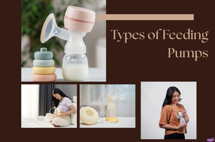 Different types of feeding pumps (breast pump) including manual, electric, and wearable for new parents to express milk.