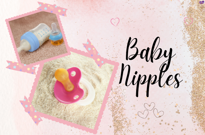 Close-up of baby feeding nipples in different shapes and flow rates designed for safe and comfortable bottle feeding