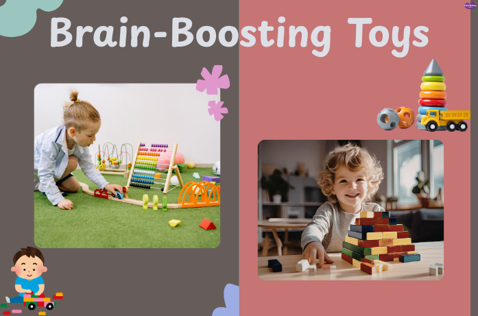 Brain-boosting toys for children like blocks, puzzles, books, and STEM kits supporting cognitive development through play.
