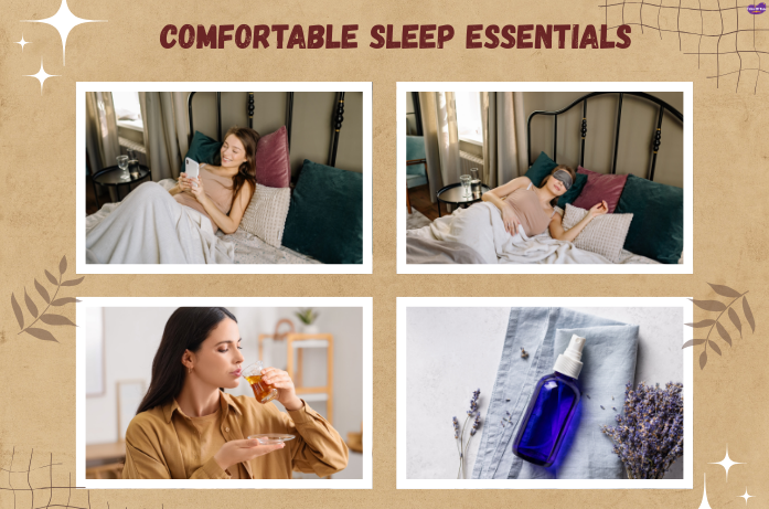 A mother using calming products, including eye mask and lavender spray, for a peaceful night’s sleep with self-care products for moms.