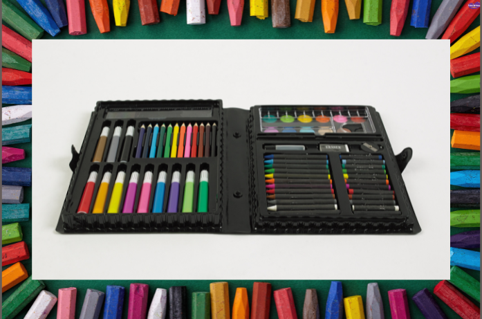 Open art kit with crayons and paints, brain-boosting toys for children that encourage creativity and fine motor skills.