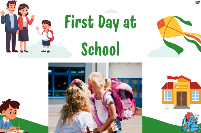 Child smiling with backpack ready for first day at school