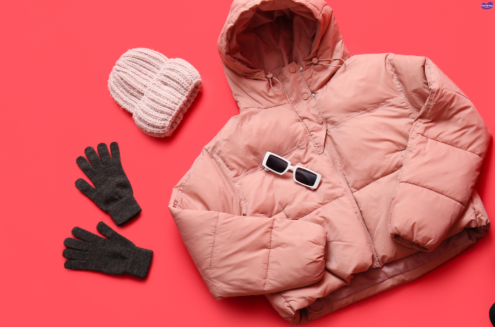 Padded winter jacket with gloves and cap styled for baby winter dresses and cold weather protection
