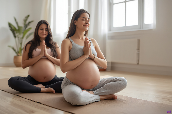 Two pregnant women practicing prenatal yoga for exercises for a healthy pregnancy and normal delivery